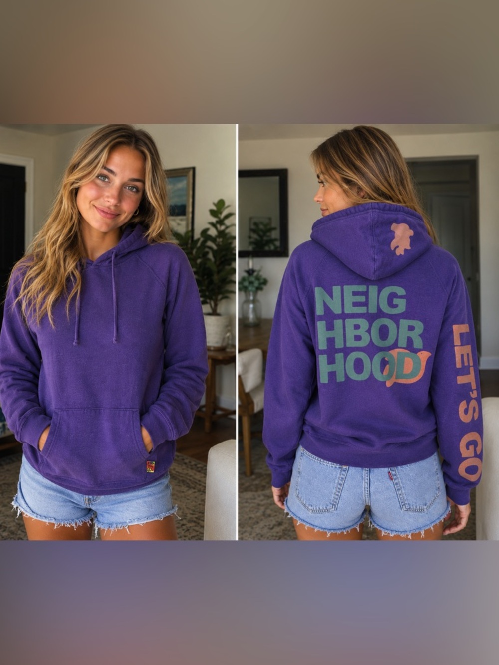 FREECITY Neighbor Hood Purple Pullover Hoodie Size 2 | LET’S GO Sleeve Graphic